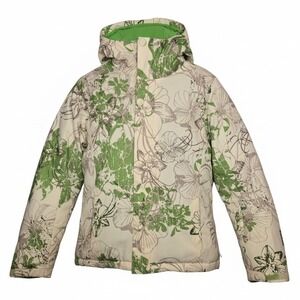 O NEILL Women Y2K Ski Snowboard Jacket Floral Print Green Cream Hooded Insulated